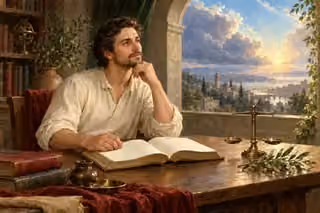A thoughtful believer studies a blank scripture book beside balanced scales in dawn light.