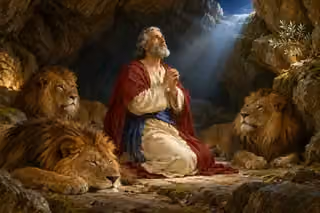 Daniel prays peacefully among resting lions in a stone den.