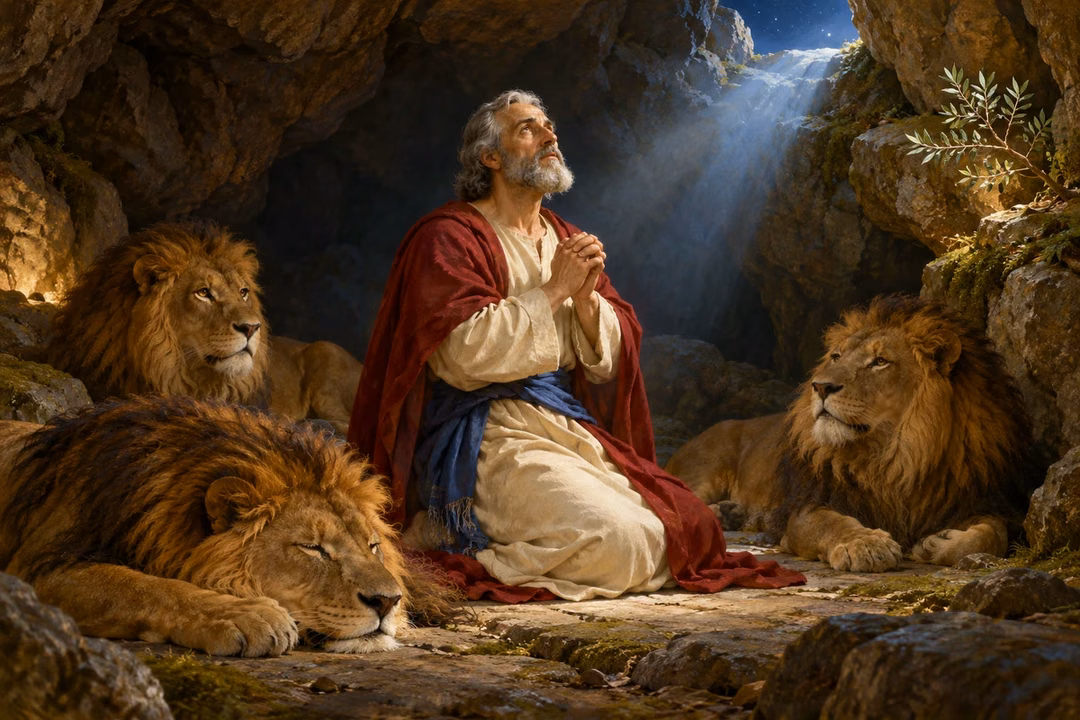 Daniel prays peacefully among resting lions in a stone den.