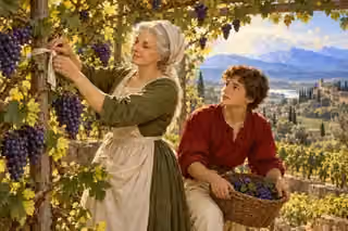 An experienced gardener secures a fruitful grape branch while an apprentice watches.