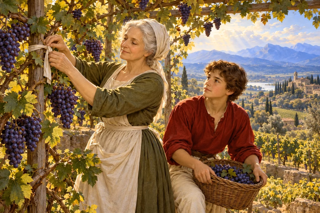 An experienced gardener secures a fruitful grape branch while an apprentice watches.