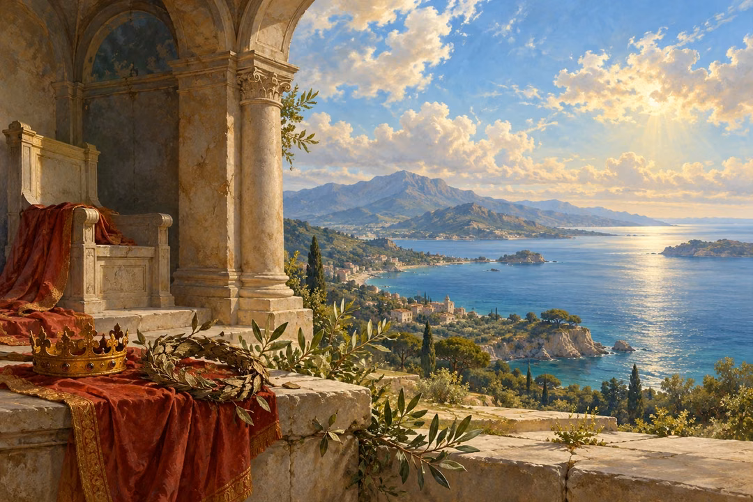 An empty throne and resting crown overlook a vast sea in enduring morning light.