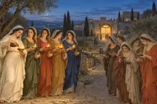 Ten women wait with clay lamps at twilight; five carry oil flasks while the others examine their dim lamps.