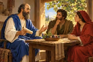 Oil painting of Paul in an ivory tunic and blue mantle teaching two attentive listeners at a wooden table; he holds an unmarked scroll beside a bowl of figs, with a fruitful fig tree in the sunlit doorway.