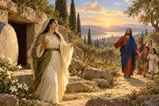 A restored woman stands beside an open tomb in the light of resurrection.