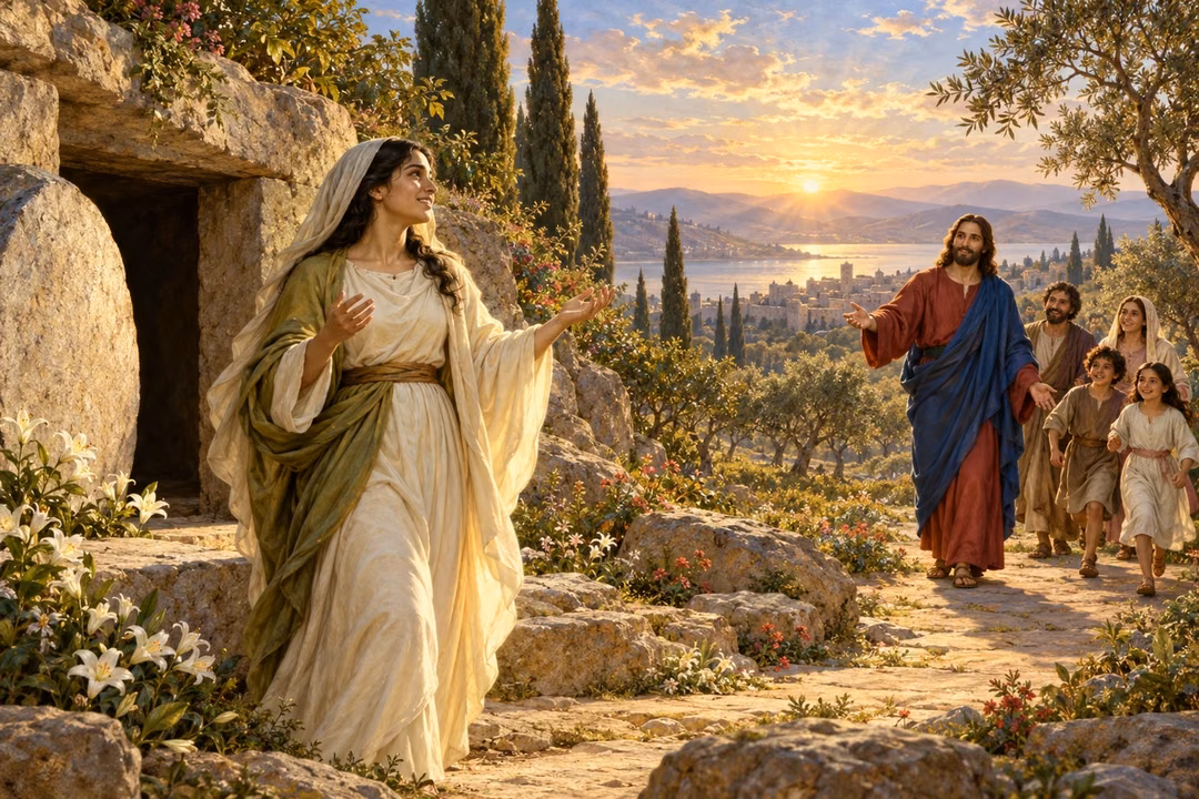 A restored woman stands beside an open tomb in the light of resurrection.