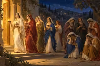 Five prepared women carry burning oil lamps toward a warm wedding doorway while five unprepared women examine extinguished lamps.