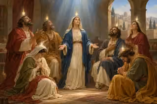 Disciples gather in an upper room beneath the light of the Holy Spirit.