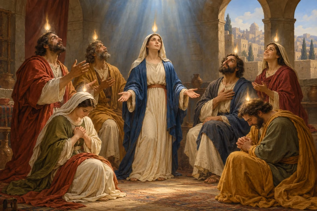 Disciples gather in an upper room beneath the light of the Holy Spirit.