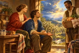 A weary man opens his hands in trust as a woman comforts him and a neighbor brings food, with hopeful dawn over an orchard.