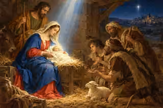 Mary presents the swaddled newborn Christ to shepherds beneath radiant light in Bethlehem.