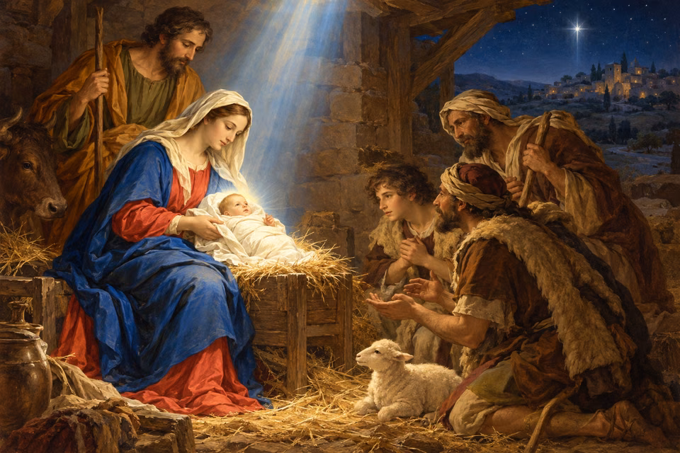 Mary presents the swaddled newborn Christ to shepherds beneath radiant light in Bethlehem.