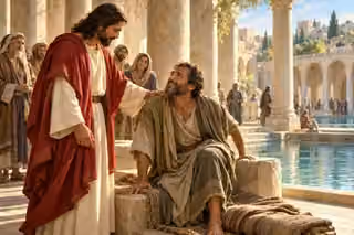 Jesus encourages a man beside the pool of Bethesda as morning light fills the colonnade.