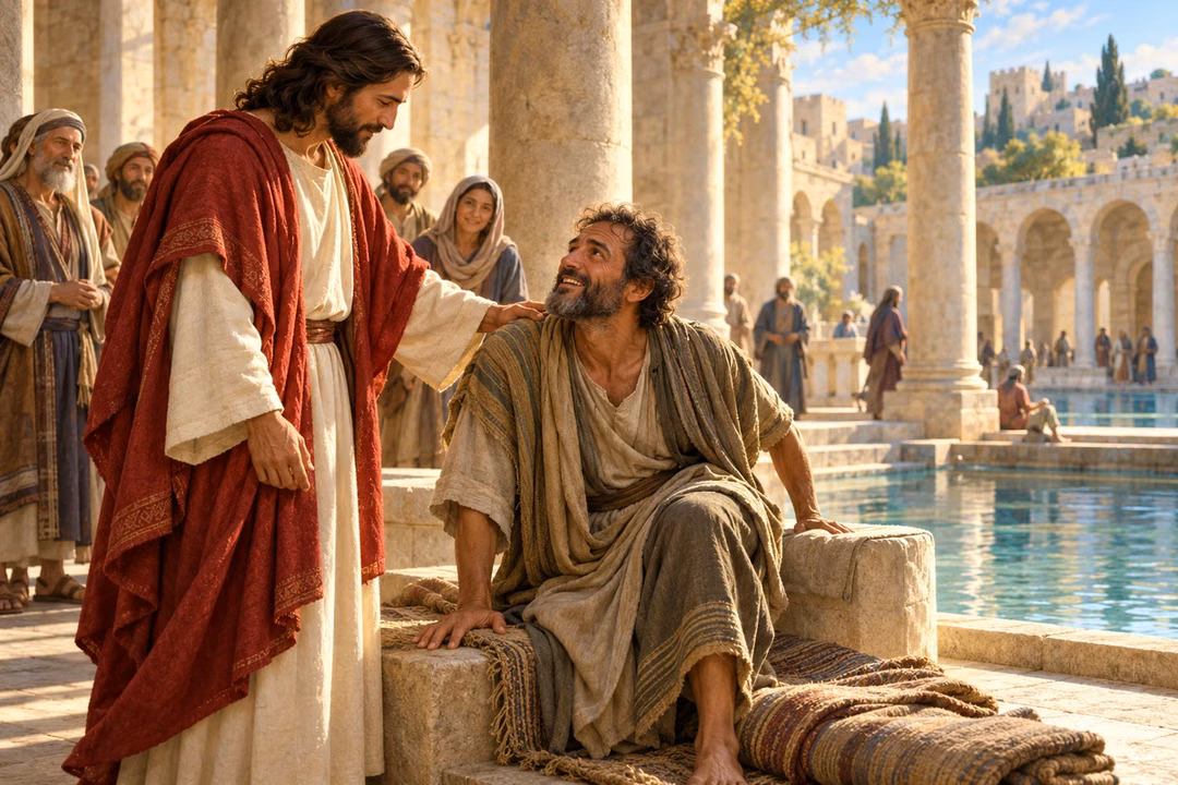 Jesus encourages a man beside the pool of Bethesda as morning light fills the colonnade.