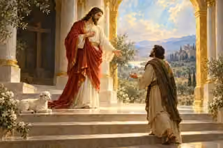 Christ welcomes a grateful man into a luminous sanctuary, with an empty cross and resting lamb nearby.