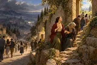 Repentant travelers help one another climb through a narrow gate while a broad road descends toward shadow.