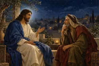 Jesus speaks with Nicodemus on a night rooftop beside an oil lamp and olive branches, with Jerusalem rooftops beyond.