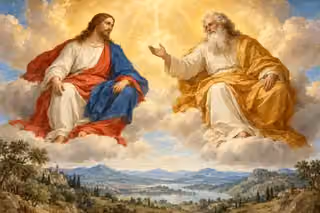The Father and Son sit as distinct figures in shared heavenly light above the earth.