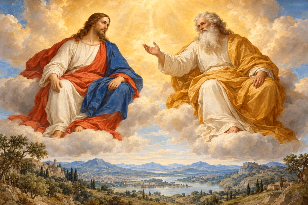 The Father and Son sit as distinct figures in shared heavenly light above the earth.