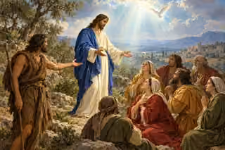John in a coarse brown garment gestures toward Jesus, who stands with open hands before a prayerful gathering under light and a white dove.