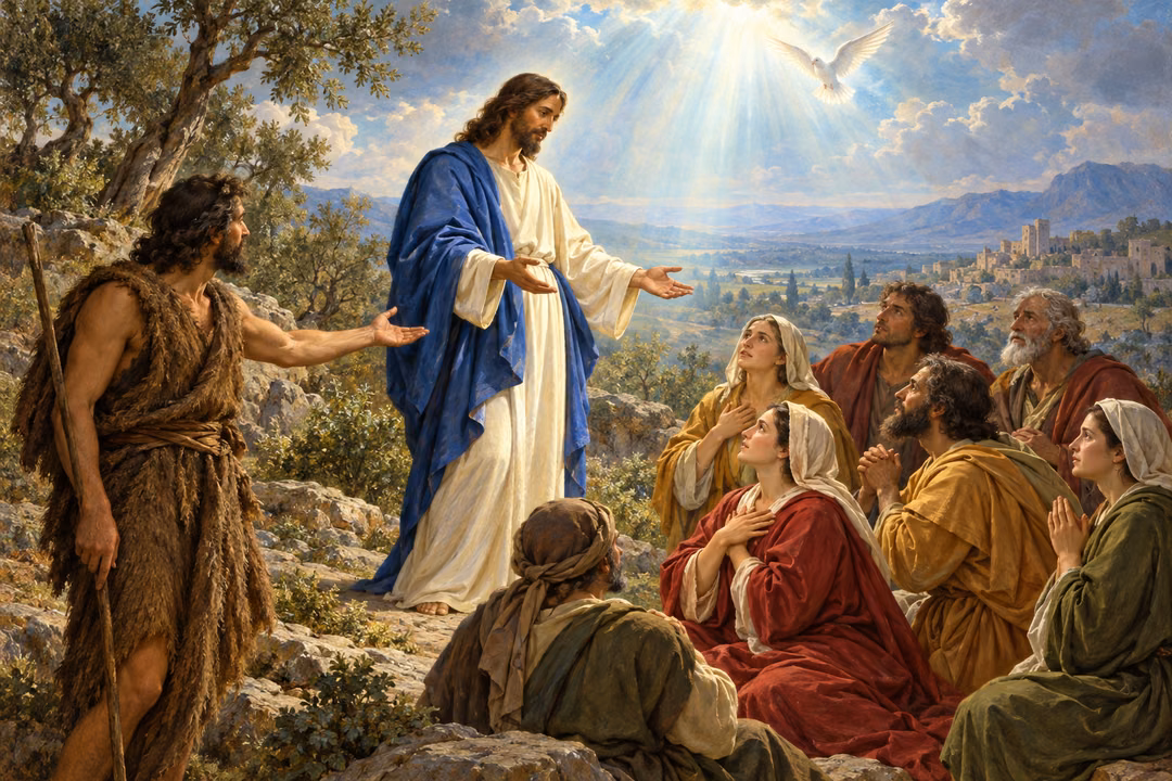 John in a coarse brown garment gestures toward Jesus, who stands with open hands before a prayerful gathering under light and a white dove.