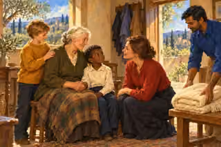Visitors listen to an elderly widow and bring a blanket as two children share in the relief of practical mercy.