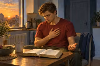 At sunset a young man examines his heart in prayer beside an open Bible, releasing inward anger.