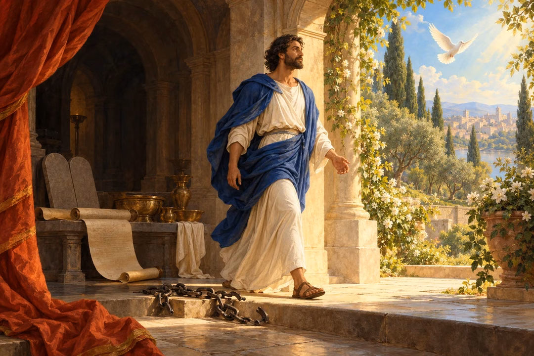 A man steps from a dim room of scrolls and ceremonial vessels into a sunlit garden, leaving a broken chain at the threshold.