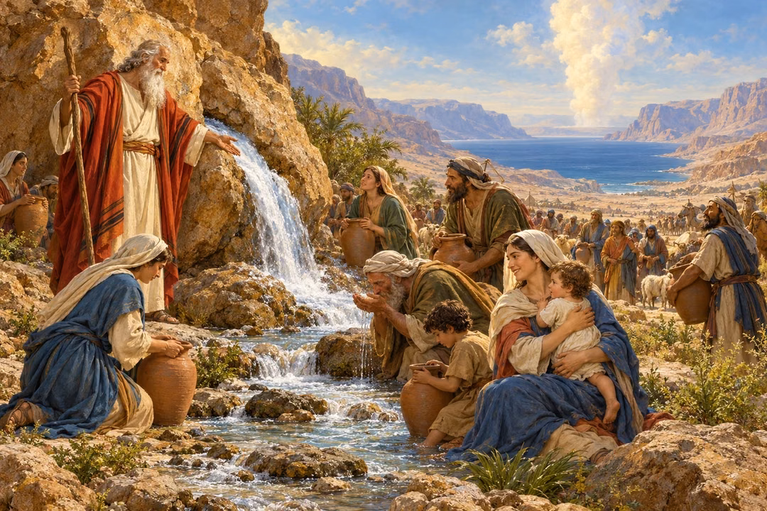 Moses stands beside a wilderness rock as grateful families gather the clear water flowing from it.