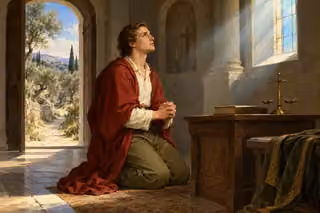 A man kneels in quiet self-examination beside scripture and balanced scales.