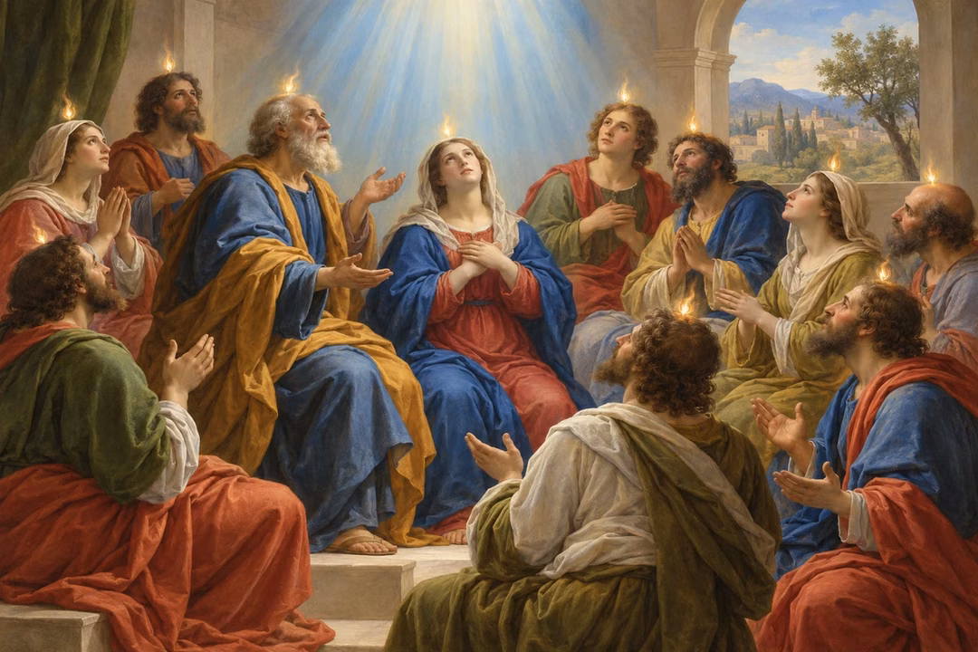 A gathered community receives luminous divine light in the upper room.