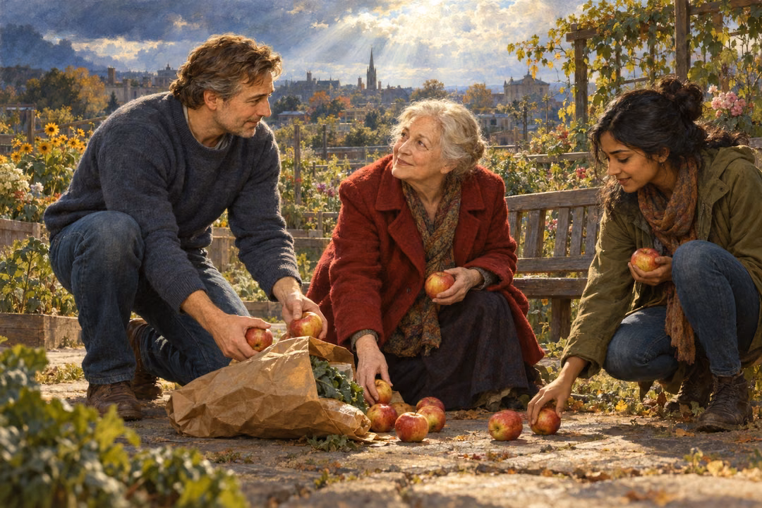 A man and young woman help an older woman gather spilled apples beside a bench in a sunlit community garden.