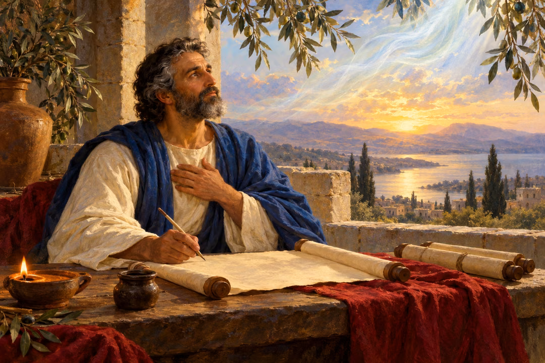 An ancient writer pauses with a reed pen over blank parchment, hand over his heart as he listens toward the luminous dawn above a lake.