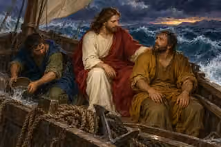 Jesus comforts a weary fisherman while another bails water from their boat on a storm-tossed lake.