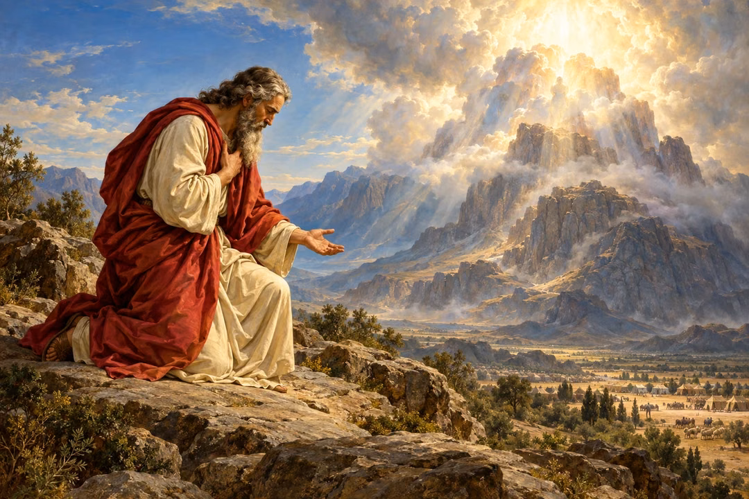 Moses kneels in reverent awe before the luminous cloud over Sinai.