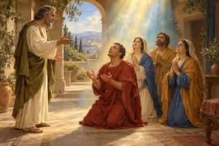 Peter speaks in a stone courtyard while Cornelius and three household members pray beneath descending pearl-gold and cyan light.