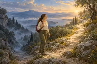 A lone woman hiker pauses at a fork in a mountain path, looking toward a sunlit ascending route above a blue lake.