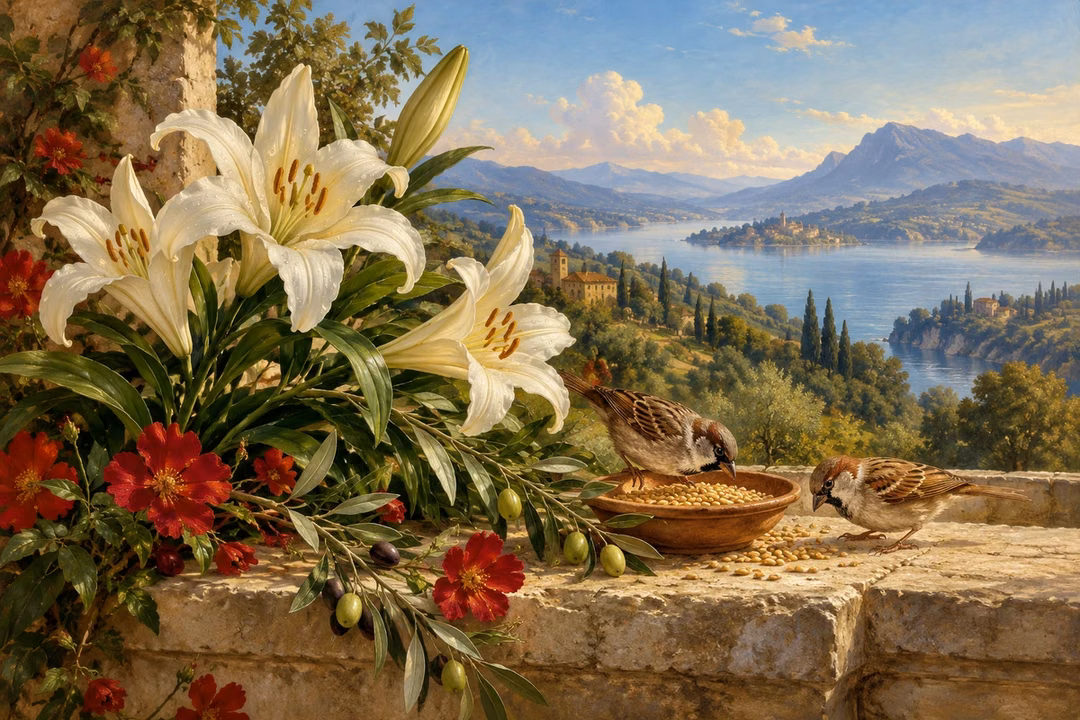 Dew-covered lilies and feeding sparrows overlook a quiet lake at dawn.