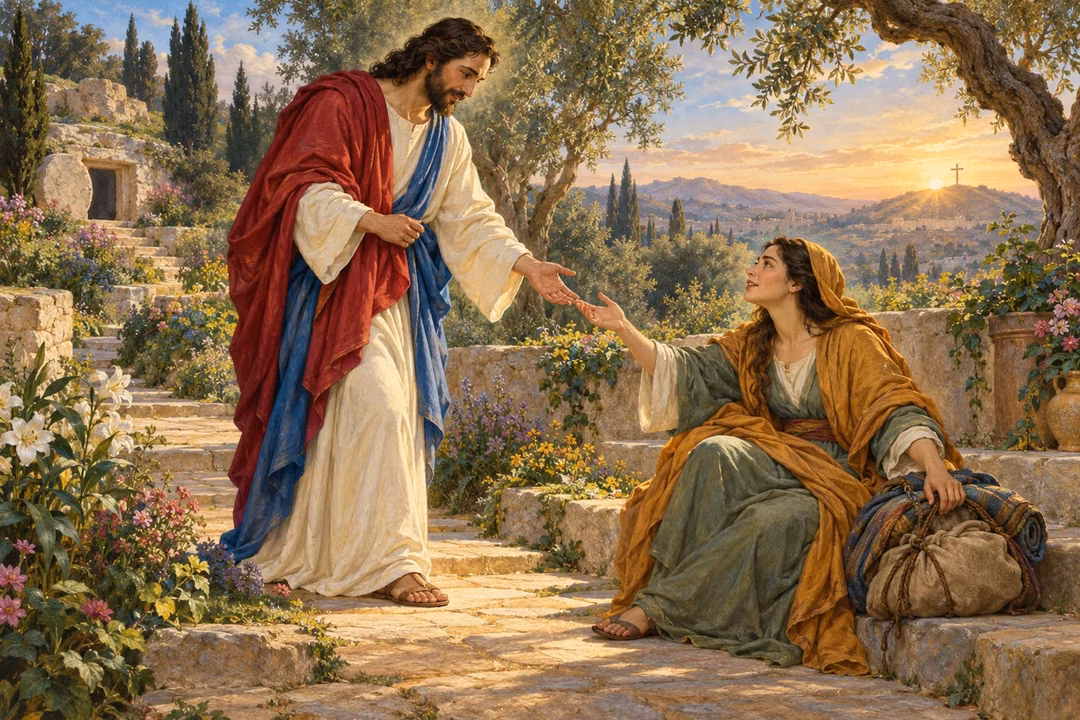 Jesus reaches compassionately toward a seated woman beside her travel bundle in a sunlit garden, with an open tomb and a distant empty cross.