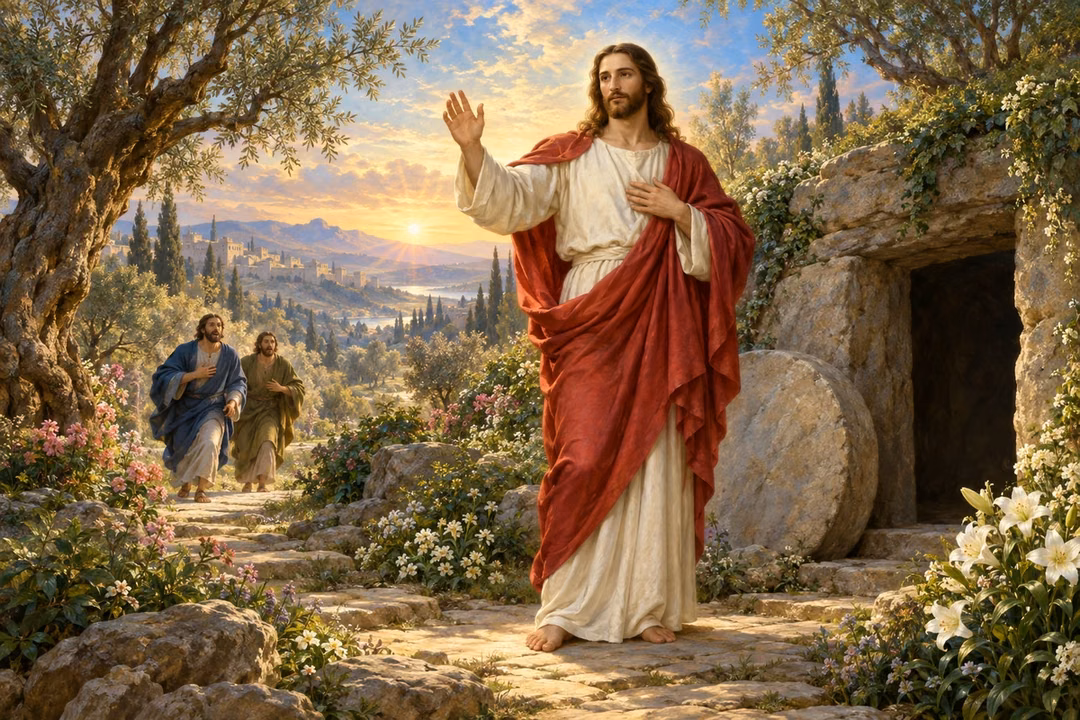 The risen Jesus blesses beside an empty garden tomb as two disciples approach at dawn.