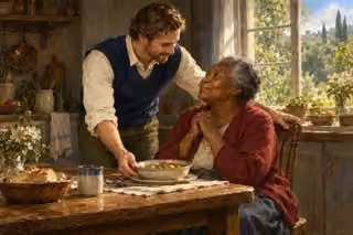 A man serves a bowl of stew to an elderly woman in a sunlit kitchen, meeting her grateful gaze with tenderness.