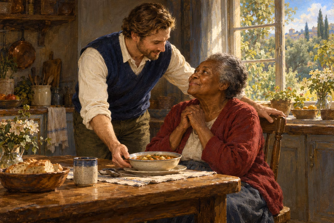A man serves a bowl of stew to an elderly woman in a sunlit kitchen, meeting her grateful gaze with tenderness.