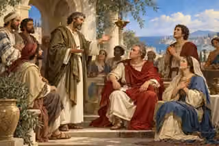Peter addresses Cornelius and his household beneath soft divine light in a peaceful Caesarea courtyard.