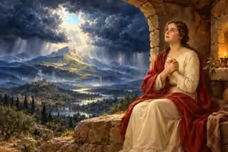 A woman prays within a lamp-lit refuge while immense storm clouds open above a mountain.