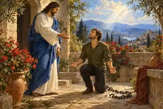 Oil painting of Jesus extending a compassionate hand toward a man kneeling with open palms, with a broken chain on the courtyard ground and a white dove in the bright sky.