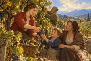 A woman shares ripe grapes with a child and his mother beside a thriving vine while an older man tends its branches.