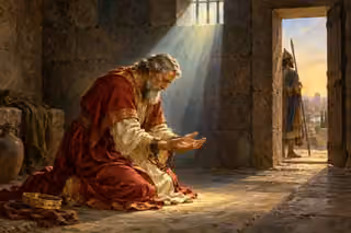 The humbled king Manasseh prays in fetters beneath a hopeful beam of light in a Babylonian prison.