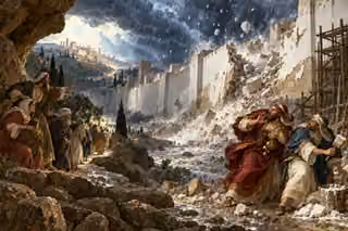 False prophets recoil with gold and whitewash as Ezekiel's weak wall collapses in hail and storm.