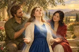 A woman opens her palms in prayer as two companions support her beneath an olive tree amid pale spiritual light.