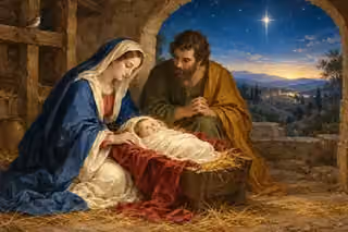 Mary and Joseph tenderly attend the swaddled infant Jesus beneath a star-lit stable arch.